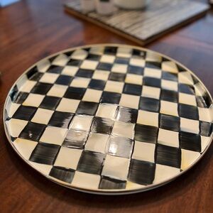 MacKenzie Childs Courtly Check Round Enamel Tray, Like New, 14.5 inches Round